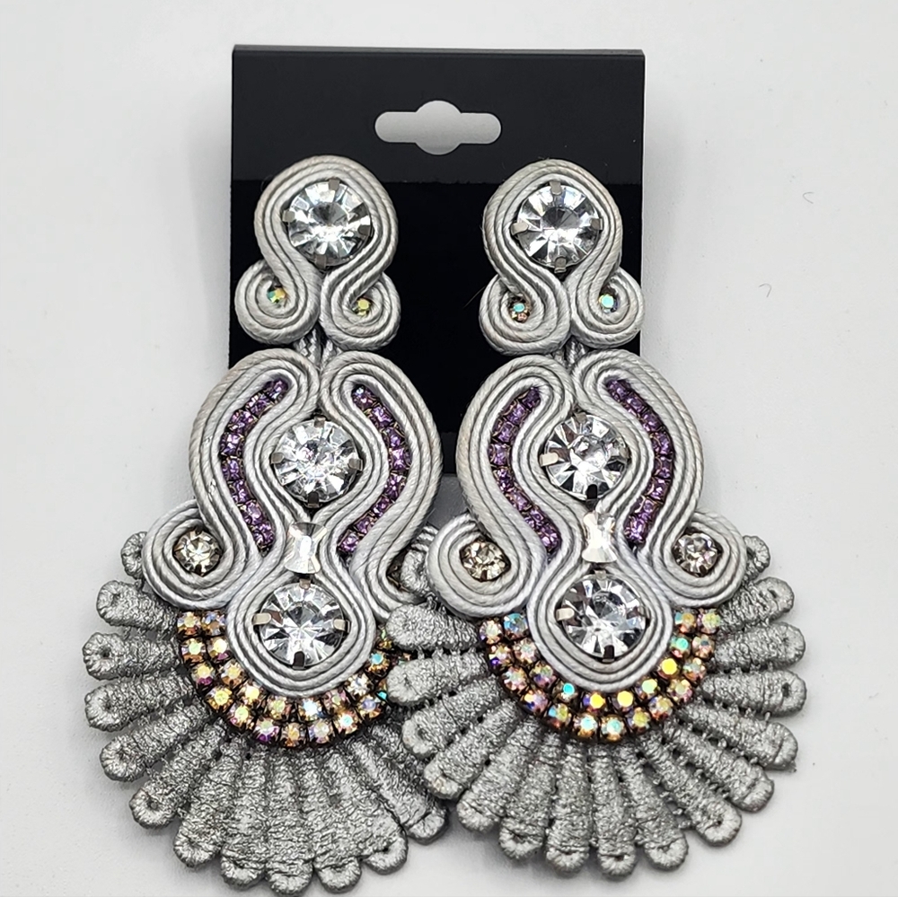 Silver Lace With Purple And AB Rhinestone Statement Earrings - Picture 11 of 11